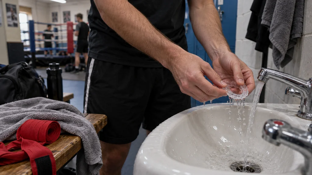 Adult trainee rinsing a removable retainer at the gym before storing it safely