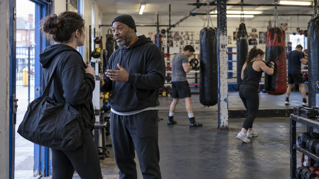 Coach speaking with an adult beginner before a non-contact boxing class