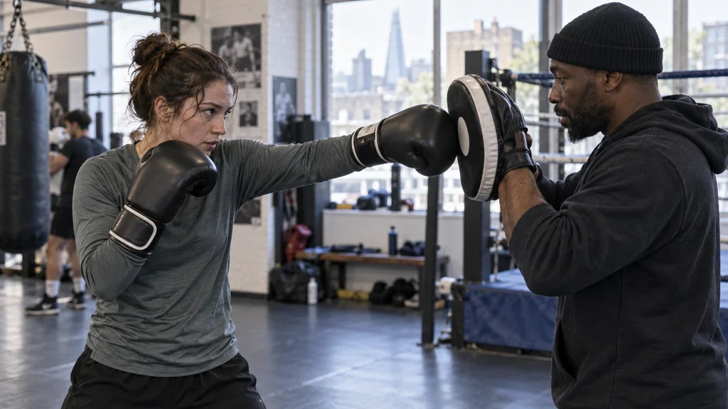 Adult recreational boxer doing controlled non-contact pad work in a clean long-sleeve top