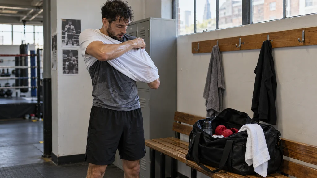 Adult boxer changing into a clean T-shirt beside a gym bag after a light boxing session