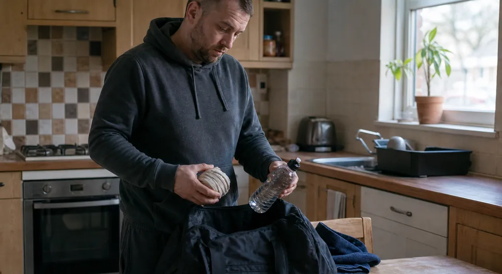 Adult boxer looking over hand wraps and a water bottle at home before deciding whether to train