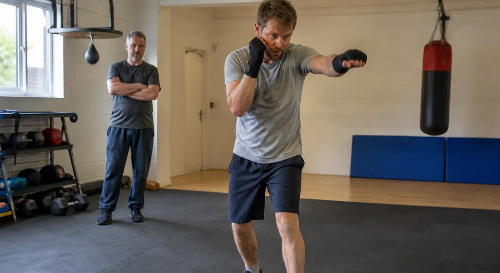 Coach observing an adult boxer doing a light non-contact shadow-boxing warm-up after recovery