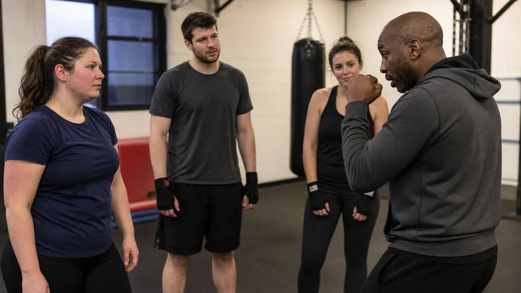 Adult beginner arriving alone at a community boxing gym before class
