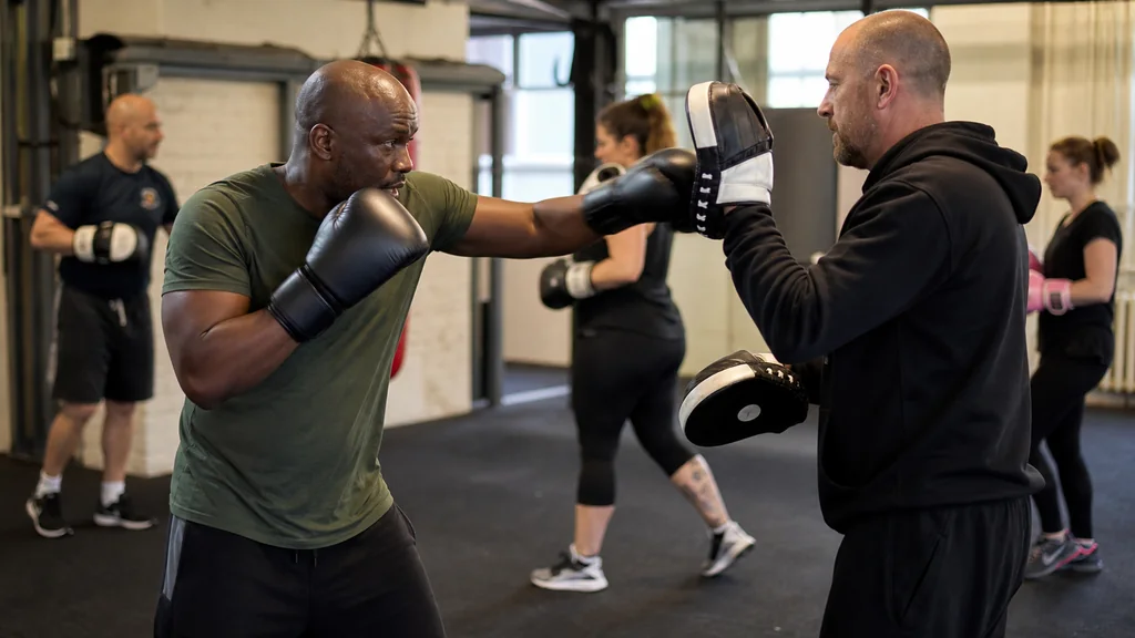 Coach explaining a basic boxing stance to adults in a beginner group class