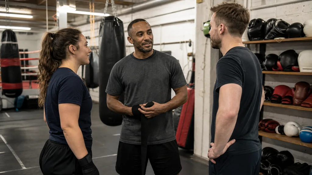 Adult beginner working controlled focus mitts with a coach during a non-contact class