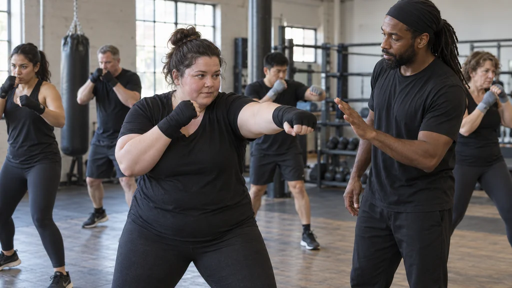 Mixed adult beginners practising calm non-contact shadowboxing while a coach gives a correction