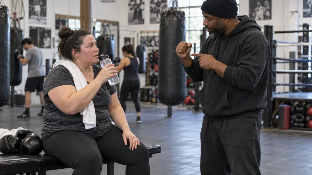 Adult beginner taking a brief water break while a coach explains a simple boxing hand position