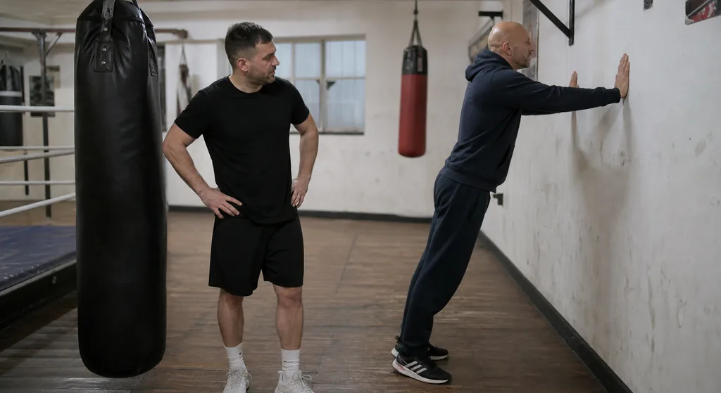 Adult trainee practising a wall press-up while another member observes beside a heavy bag