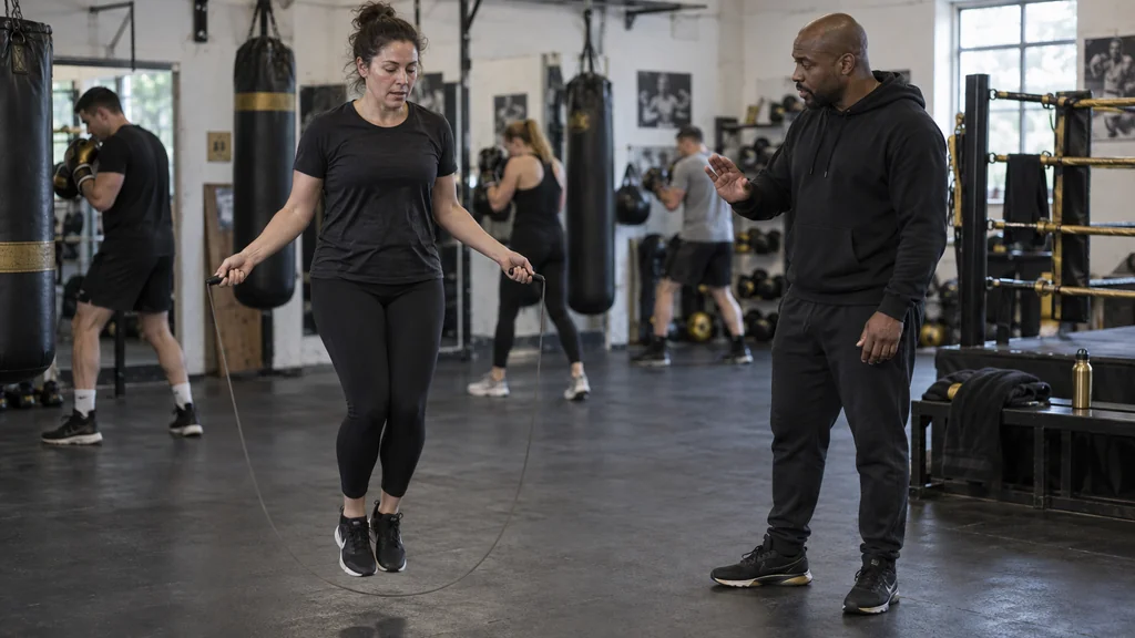 Adult beginner practising a low, controlled bounce with a skipping rope while a coach gives a simple cue