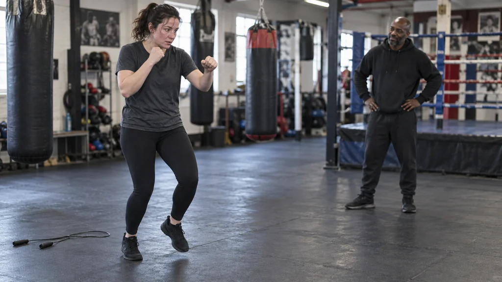 Adult recreational boxer using calm marching steps and shadowboxing beside a rope while a coach observes