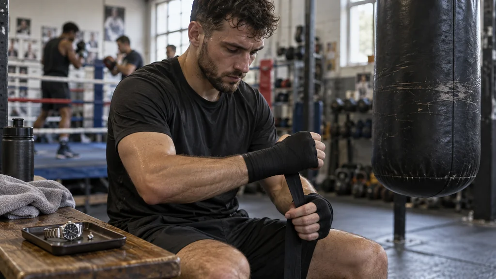 Adult boxer wrapping hands beside a watch and small stud earring stored safely in a tray