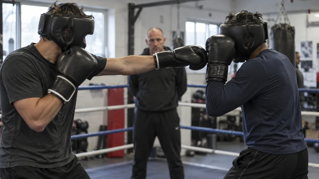 Two adult boxers practising a light jab and compact catch under coach supervision