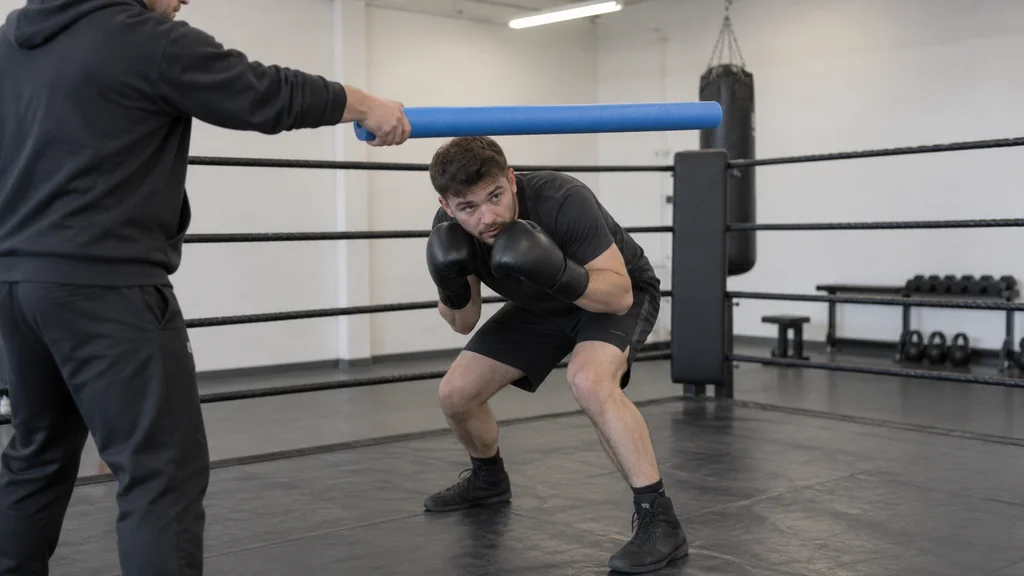 Adult boxer practising a small roll under a foam noodle during a safe coached drill