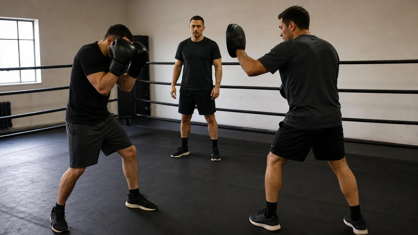 Coach supervising adult boxers in a slow non-contact decision drill with a focus-mitt cue and protective guards
