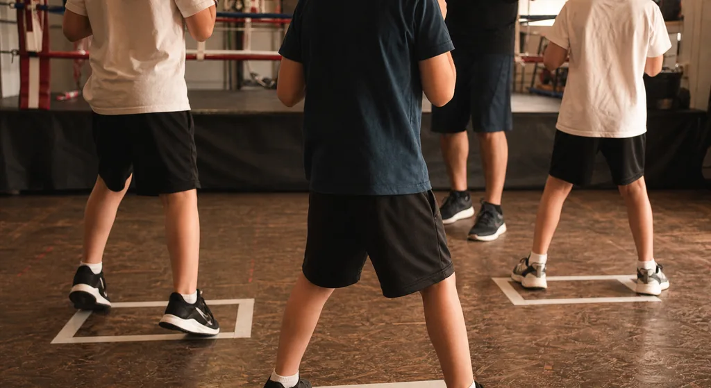 Children seen from behind learning boxing stance in a coached class