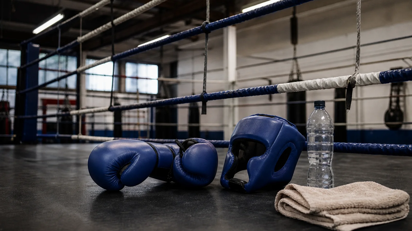 Clean amateur boxing kit laid out in a club gym
