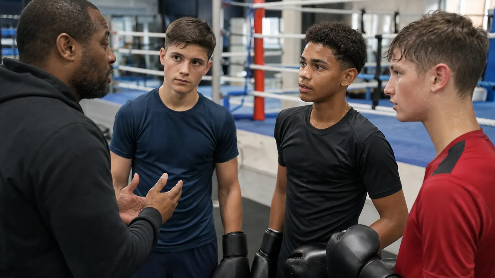 Coach-led clean sport conversation with young boxers in a club gym