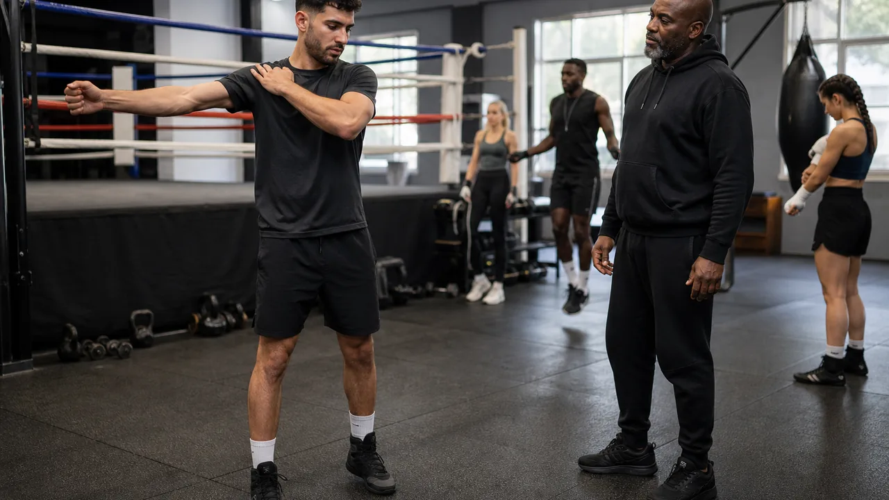 Boxer doing controlled shoulder and calf mobility work beside a ring
