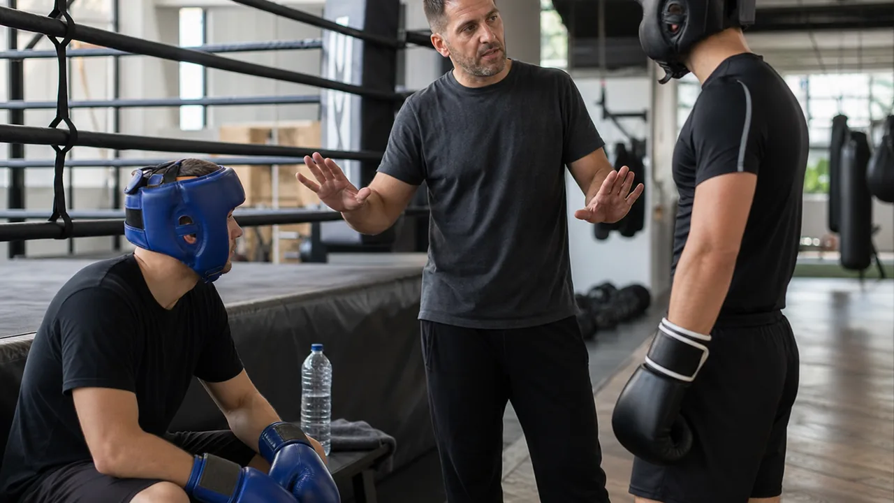 Coach pausing a light sparring drill to speak with two boxers safely