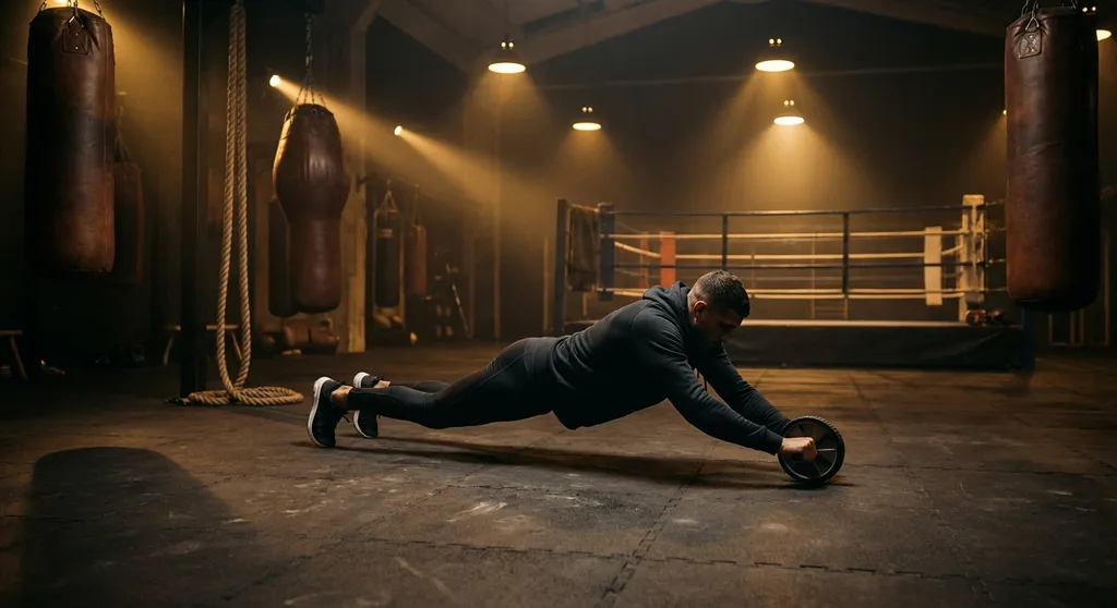 A boxer performing ab wheel rollouts on the gym floor, dark dramatic lighting