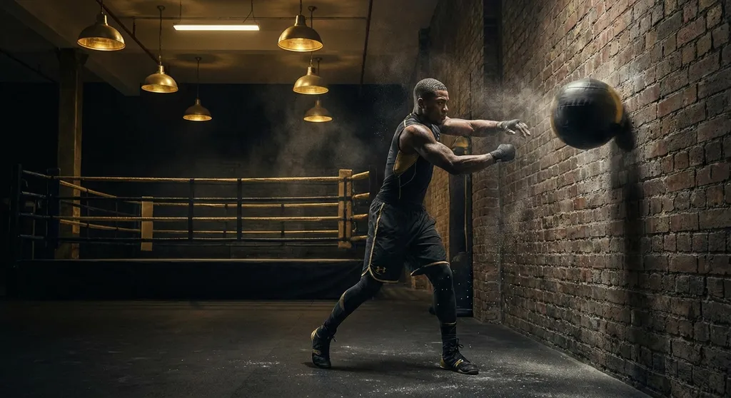 An athlete throwing a medicine ball against a wall in a dark boxing gym with gold overhead lighting