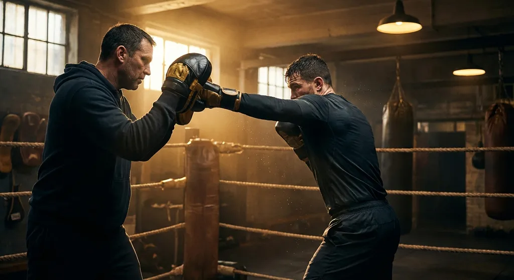 A coach holding focus pads with a boxer throwing a cross punch, dramatic black and gold gym lighting, strong rotational stance