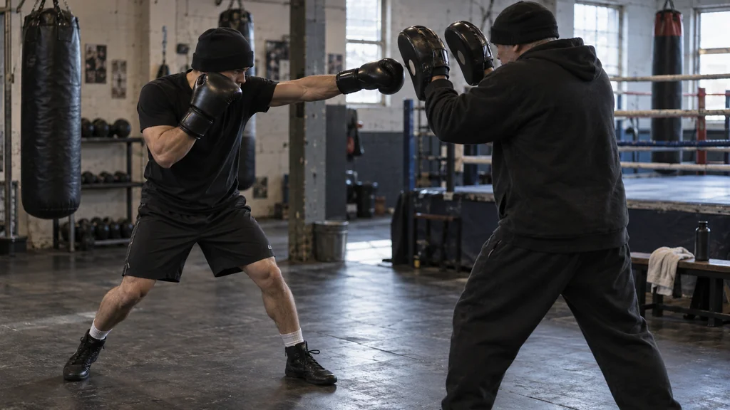 Adult boxer using a compact lead-hand jab on a coach-held mitt in a community boxing gym