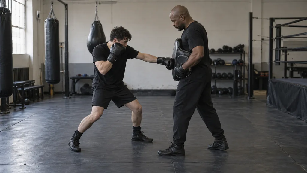 Two adult boxers at safe long range during a no-contact drill, with one boxer using an extended lead glove and the other watching the range