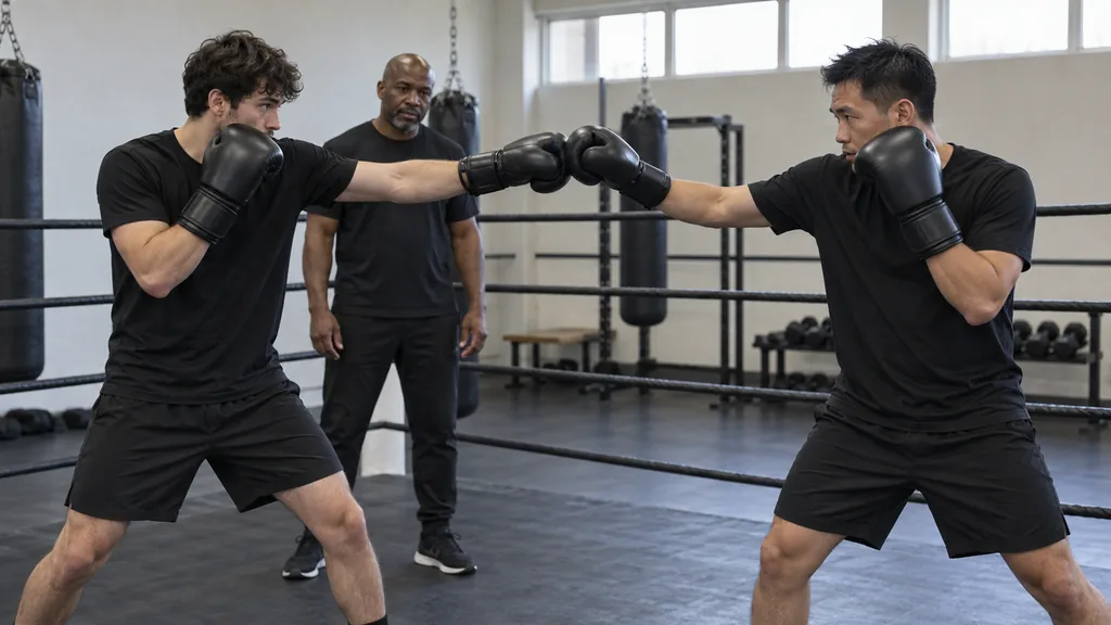 Adult boxer showing a small level change and a controlled body-line focus-mitt touch while a coach watches the stance