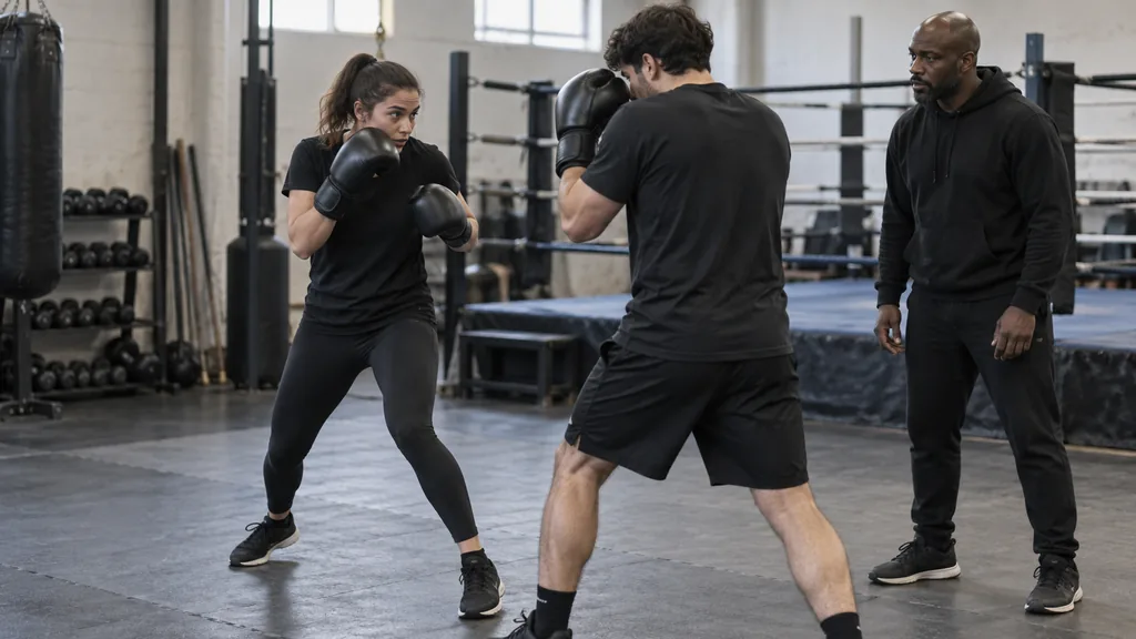Adult boxer taking a small outside angle in a slow no-contact partner drill while both gloves stay close to the face