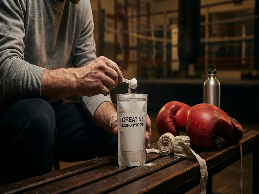 Boxer measuring creatine powder beside gloves and hand wraps in a dark boxing gym