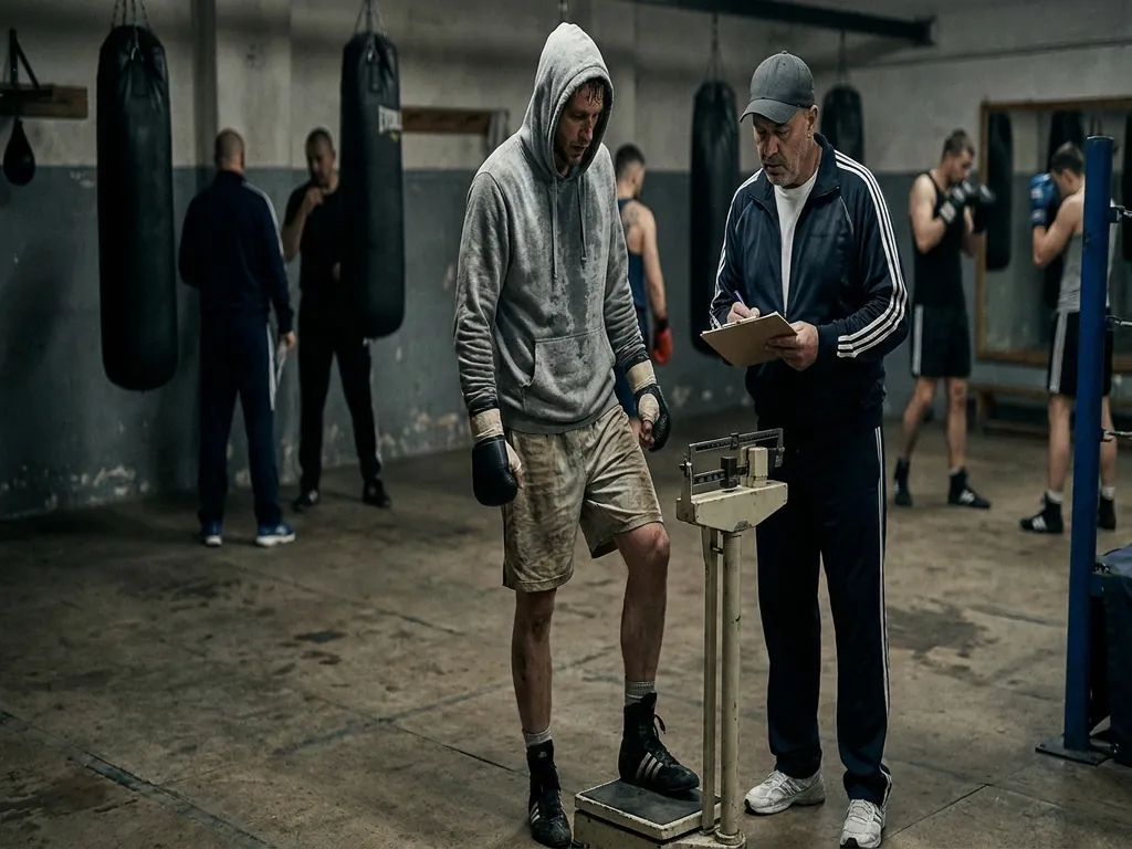 Amateur boxer standing on scales after training while a coach checks notes in the gym
