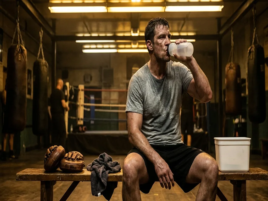 Boxer finishing pad rounds and drinking water beside creatine tub on a bench after training