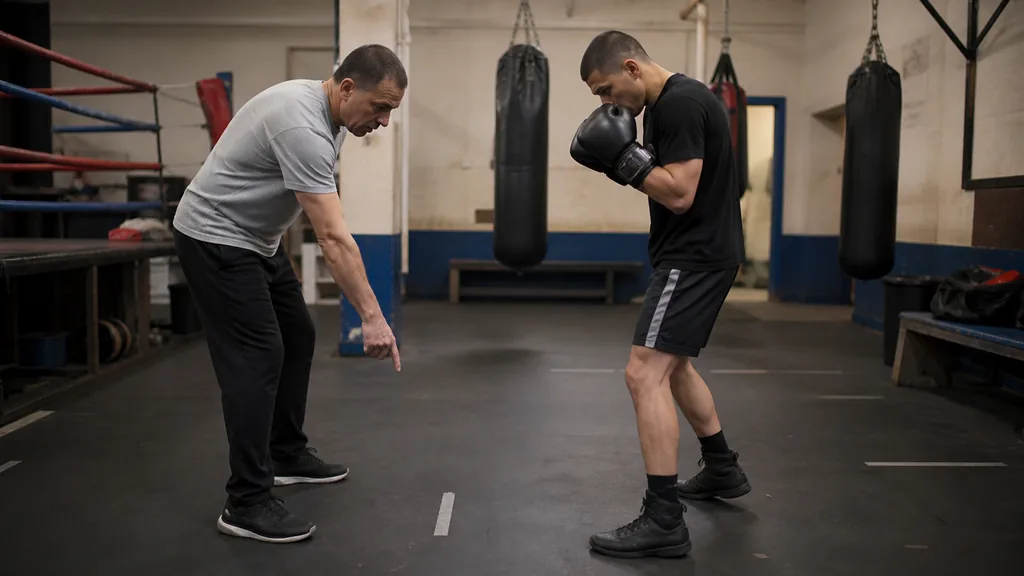Anonymous adult boxer taking a small lead-foot step into honest jab range during a controlled gym drill