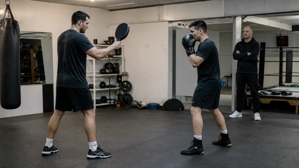 Coach holding one focus mitt while an anonymous adult boxer steps in behind a controlled jab without leaning