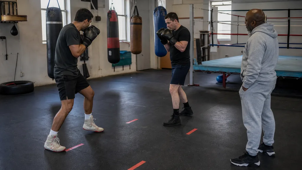 Two anonymous adult boxers rehearsing a slow entry jab and balanced reset under coach supervision