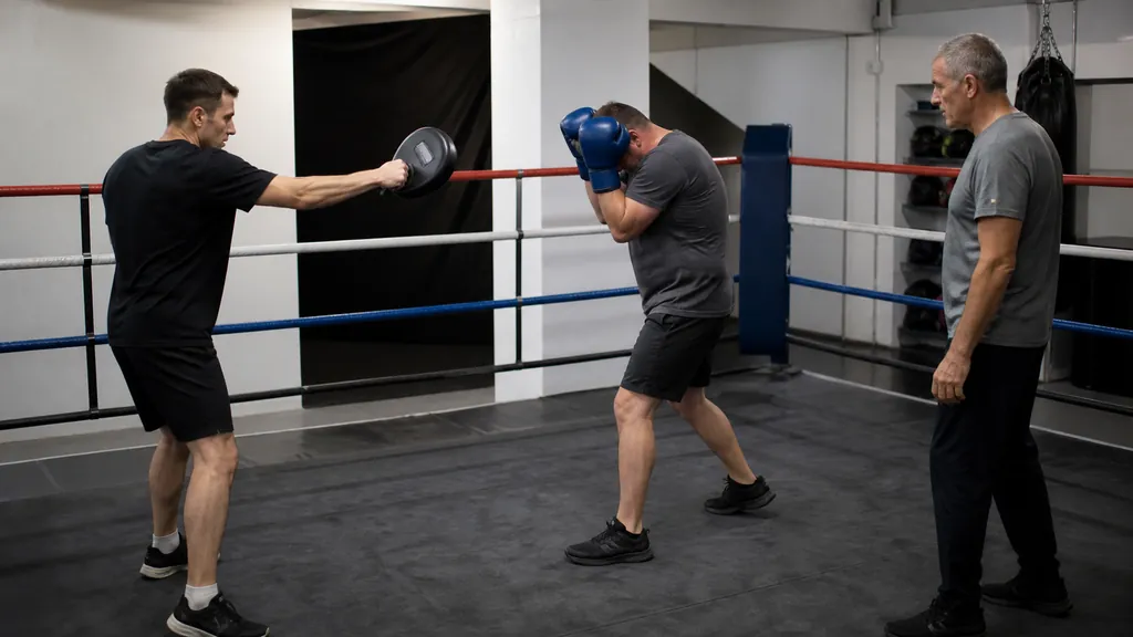 Adult recreational boxer holding a compact double-forearm cross guard as a coach presents a slow straight-punch mitt in a community boxing gym