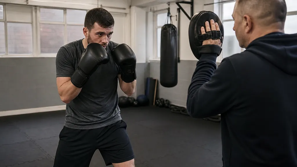 Coach holding a focus mitt as an adult boxer returns from a compact cross guard to a balanced single jab in a controlled partner drill