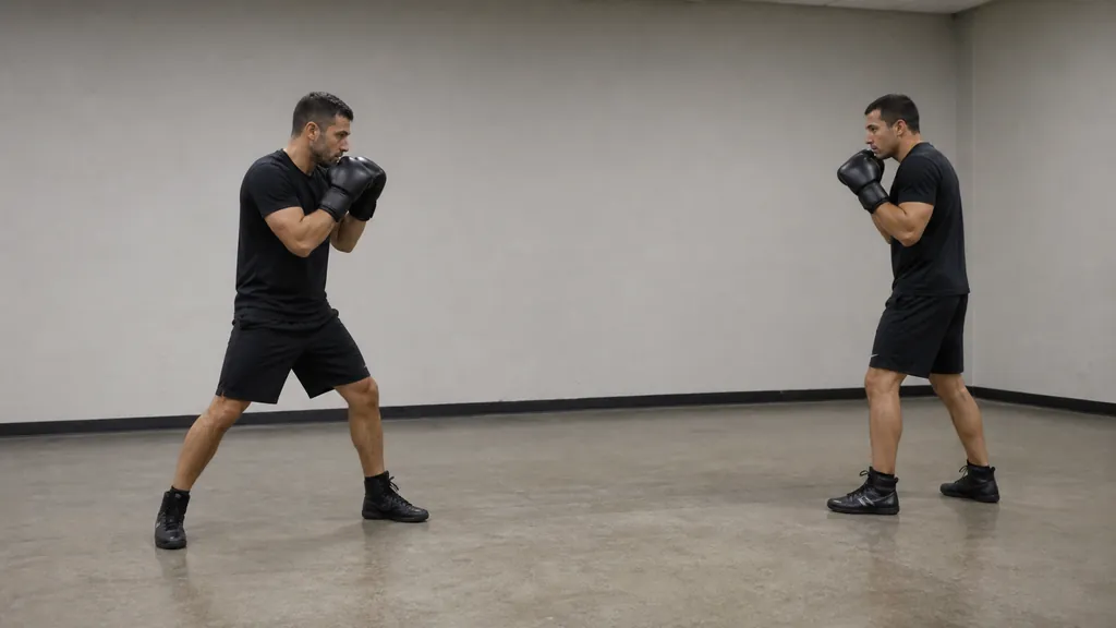 Two adult recreational boxers resetting at safe range with balanced stances and high guards after a controlled defensive drill