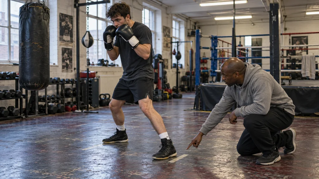 Coach checking foot placement beside an adult boxer in a balanced boxing stance