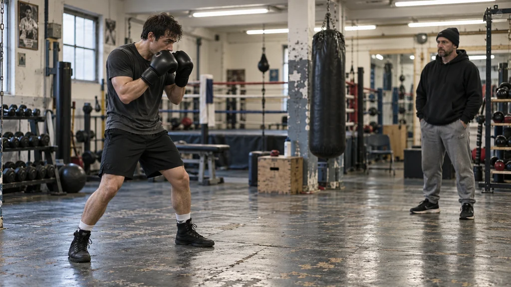 Adult boxer returning to a compact guard after a controlled combination reset in a community gym