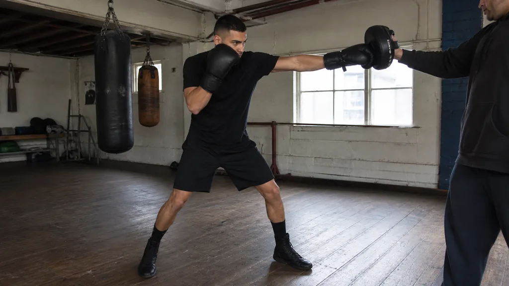 Adult boxer throwing a controlled rear straight into a focus mitt while a coach watches the stance in a community boxing gym
