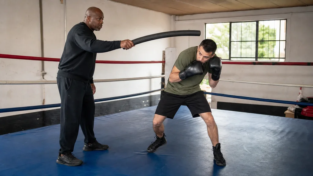 Adult boxer using a compact outside roll after a light rear-straight mitt cue with both gloves close to guard