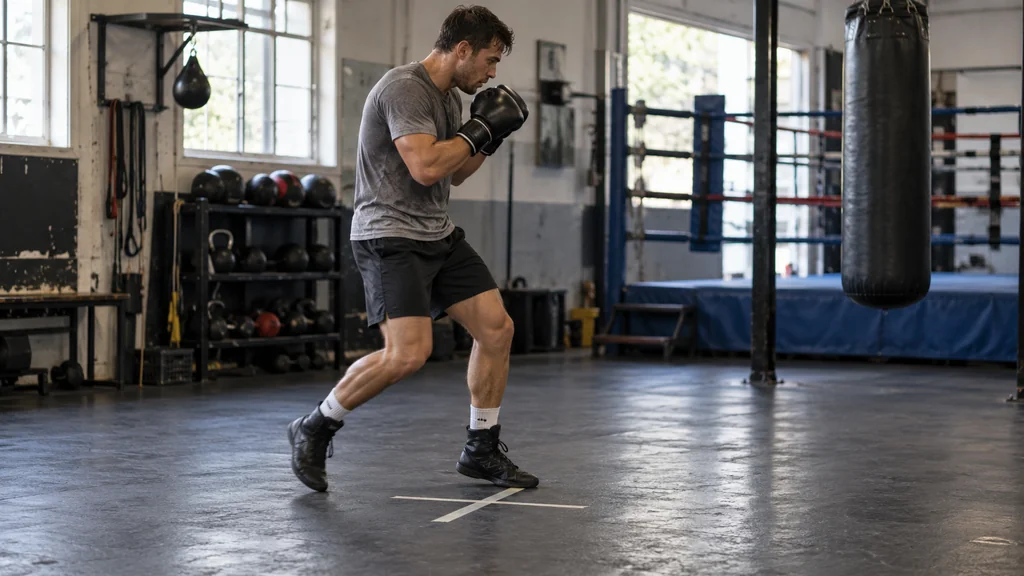 Adult boxer taking a compact step-and-pivot around a floor marker during solo boxing footwork practice