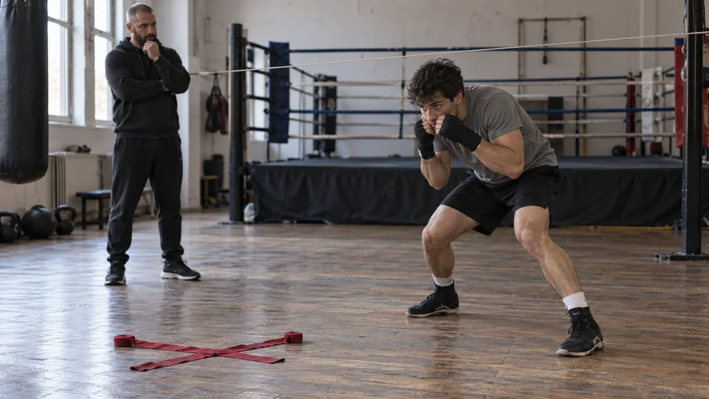 Coach observing an adult boxer using a compact guard during a controlled solo shadow-boxing movement drill