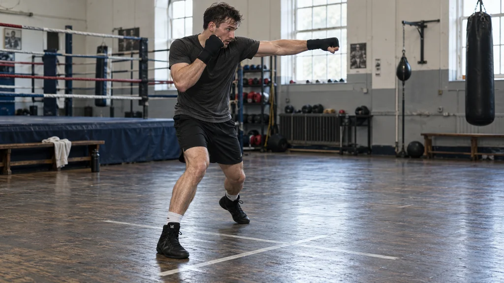 Adult boxer shadow boxing a measured jab-cross and small angle step with a stable staggered stance