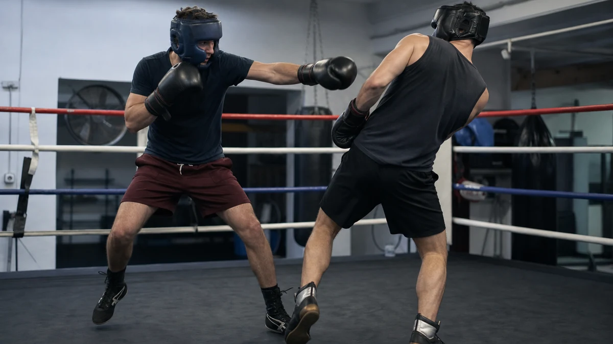 Cuban style boxer touching with the lead hand before pivoting away from return fire