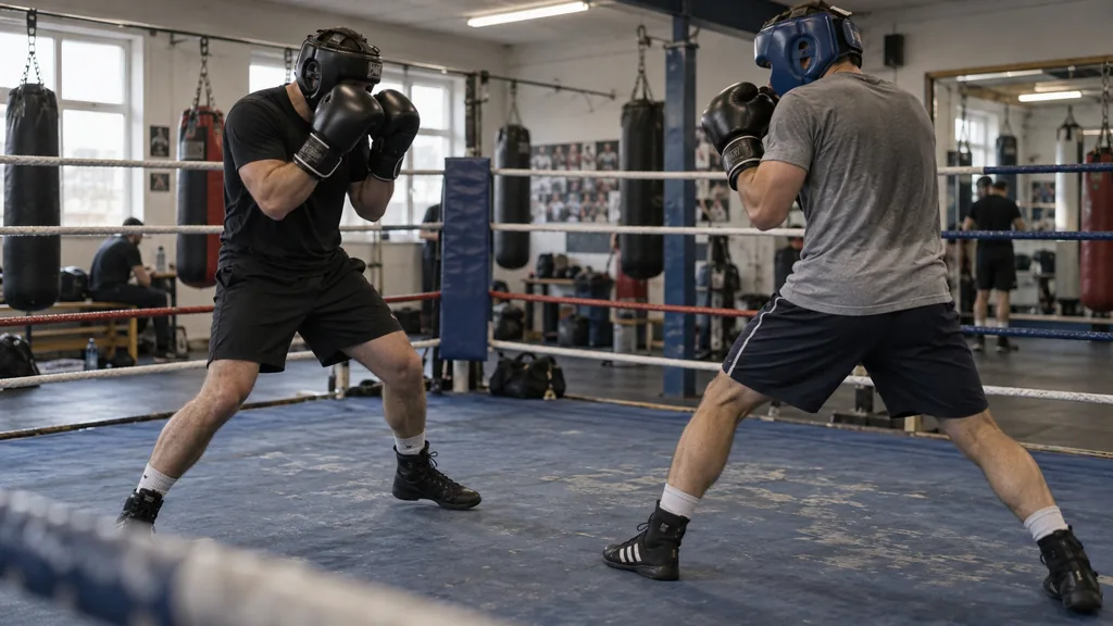 Two adult boxers using a compact guard and diagonal footwork in a controlled non-contact ring-cutting drill