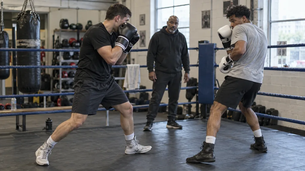 Two adult boxers performing a slow coach-supervised partner drill near the ropes, with one closing space and the other keeping a safe exit