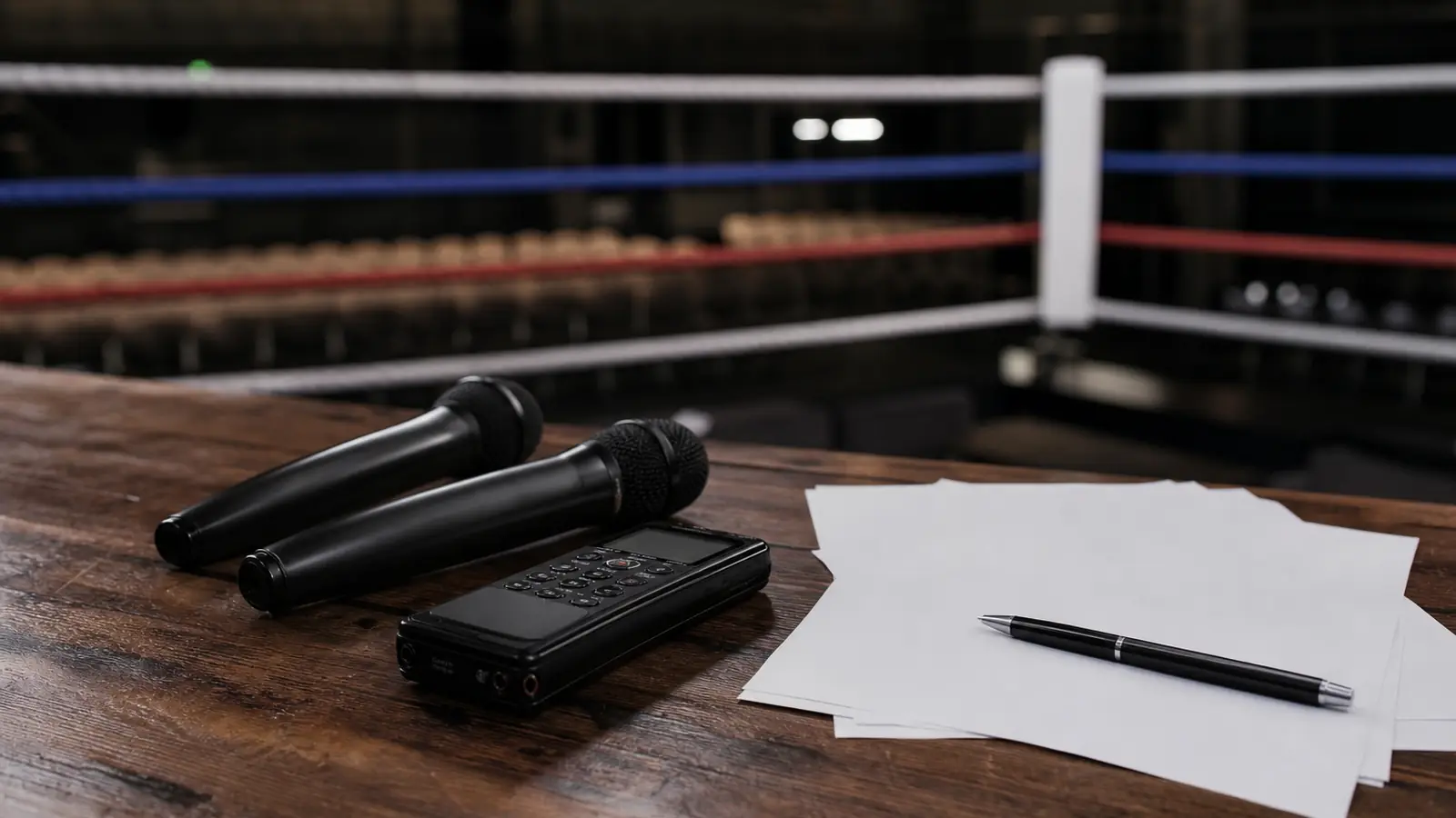 Blank fight paperwork and gloves in a boxing ring corner